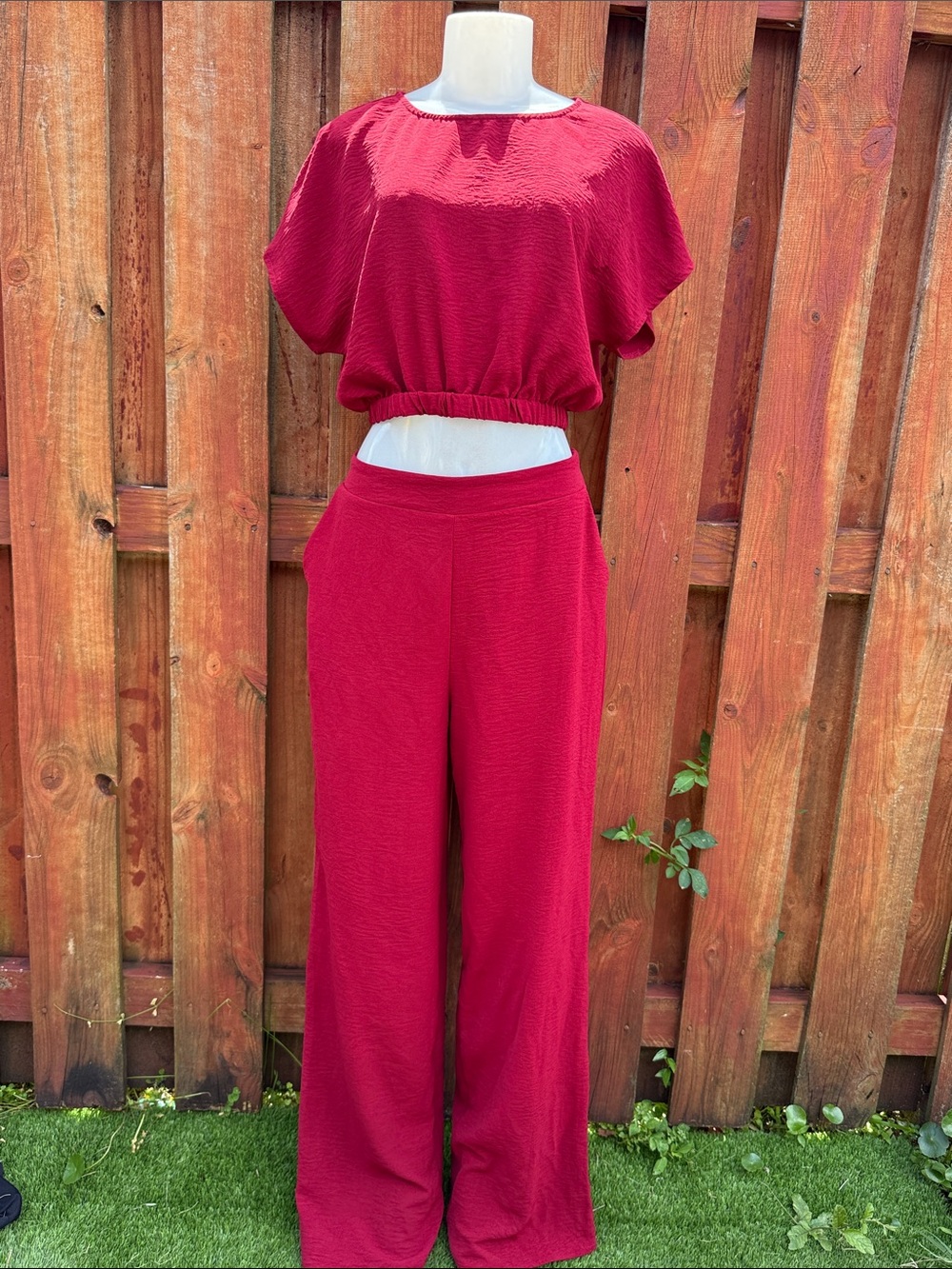 Timing Red Pleated Plisse Crop Top & Wide Leg Pant Set Size M